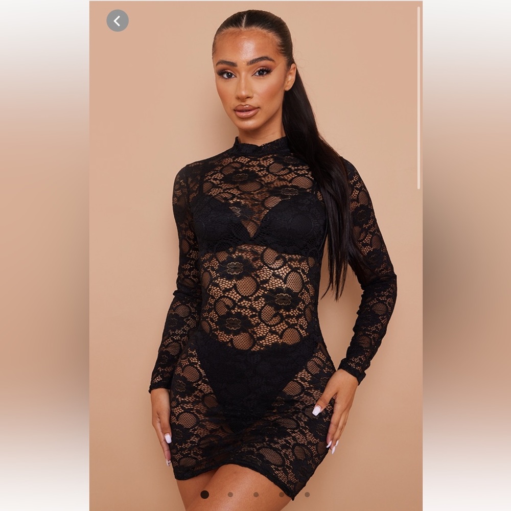 Petite black long sleeve lace bodycon dress.